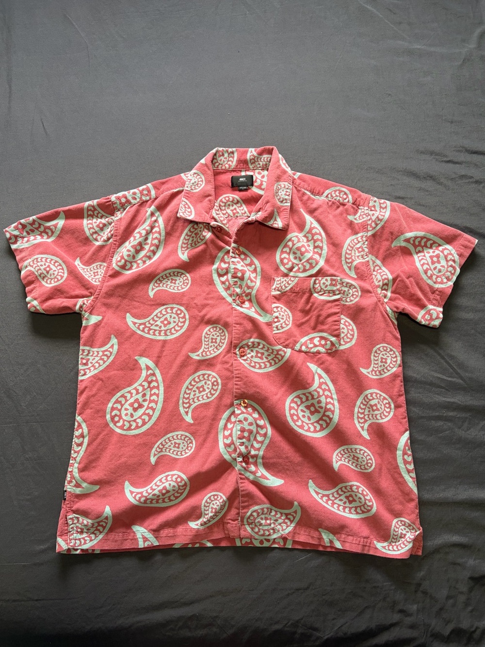 Men’s Obey Casual Coral Paisley Short-Sleeve Shirt Size L